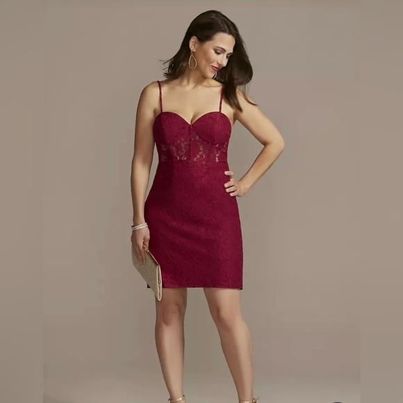 Short Lace Sheath Dress with Corset Bodice size 14 sheer midriff, lined skirt - Picture 1 of 9